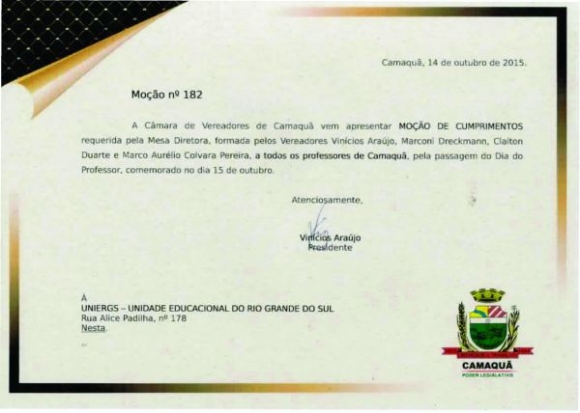 UNIERGS RECEBE MOÇÃO DE CUMPRIMENTOS DA CÂMARA DE VEREADORES DO MUNICÍPIO DE CAMAQUÃ